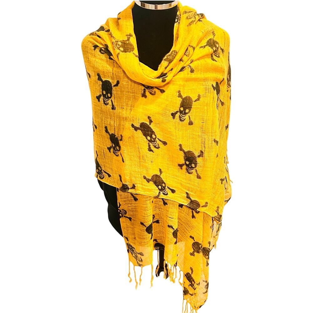 Liss Kiss Crossbones Print Scarf Mustard Yellow Large Lightweight Fringe - Picture 3 of 12